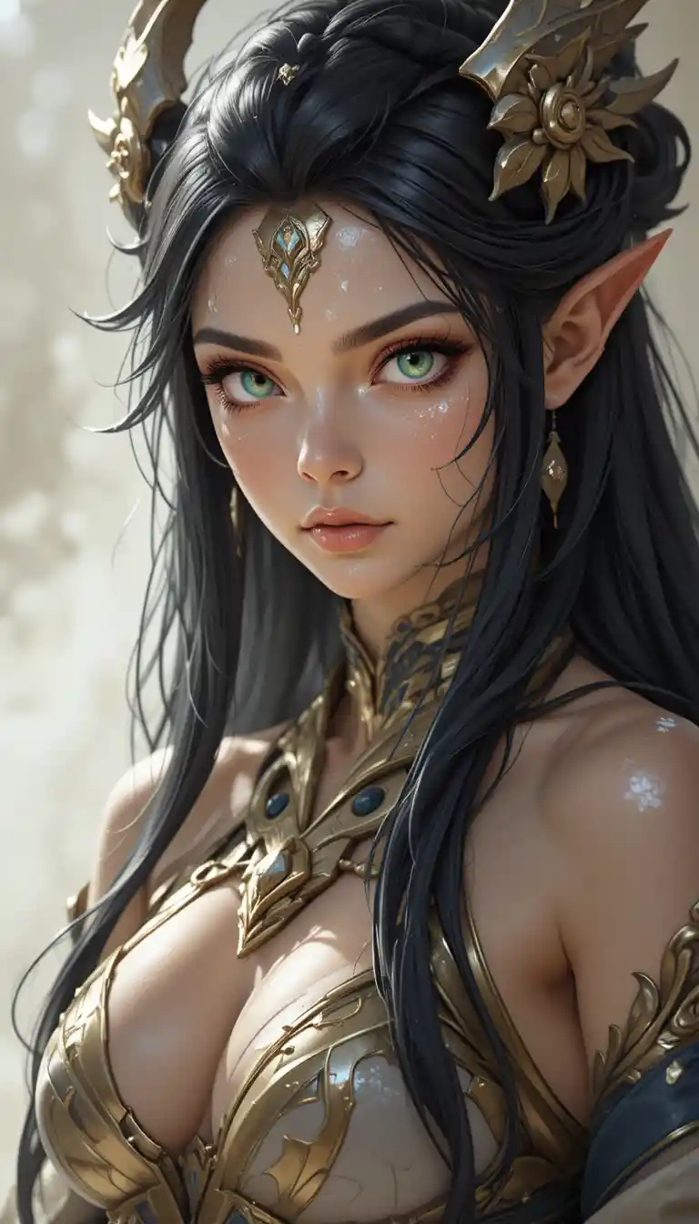 Dragon woman with golden skin and amber luminous eyes