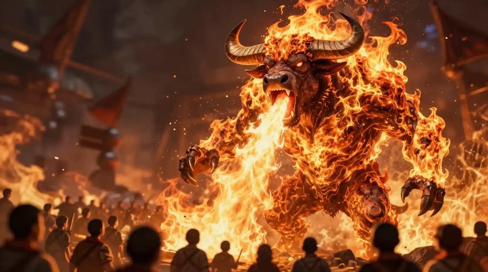 Giant Horned Fire Monster Attacking A Scattered Human Army