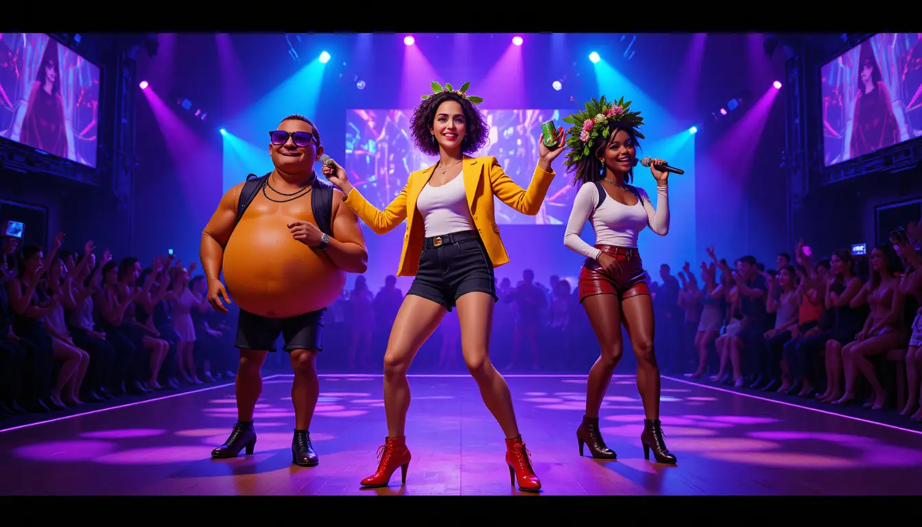 Three quirky characters dancing on a vibrant disco floor
