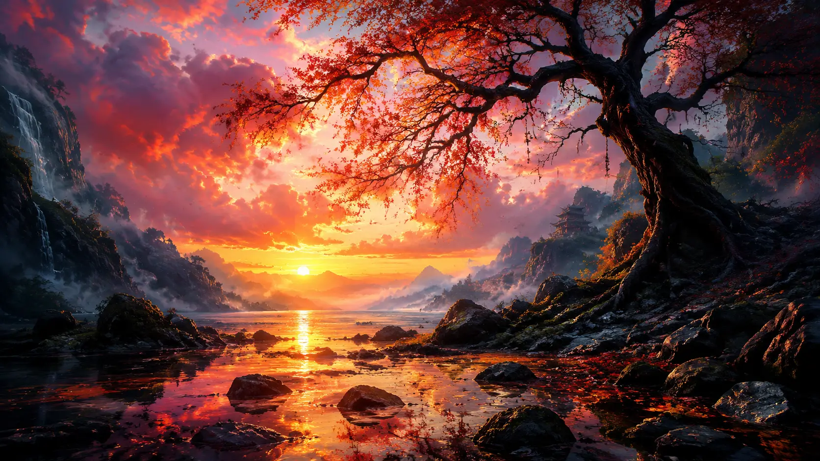 Surreal watercolor sunset landscape with rich warm colors