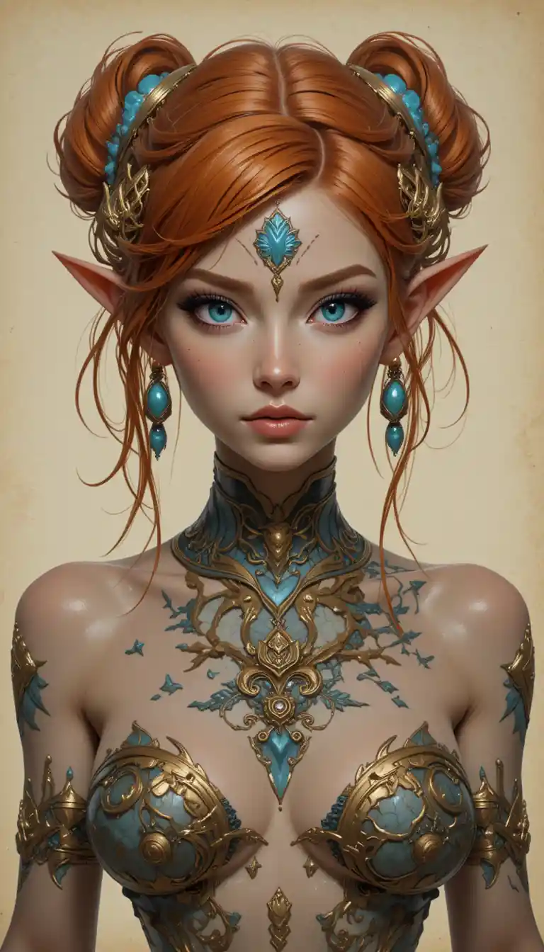 Mature mermaid woman with dark auburn hair and turquoise eyes