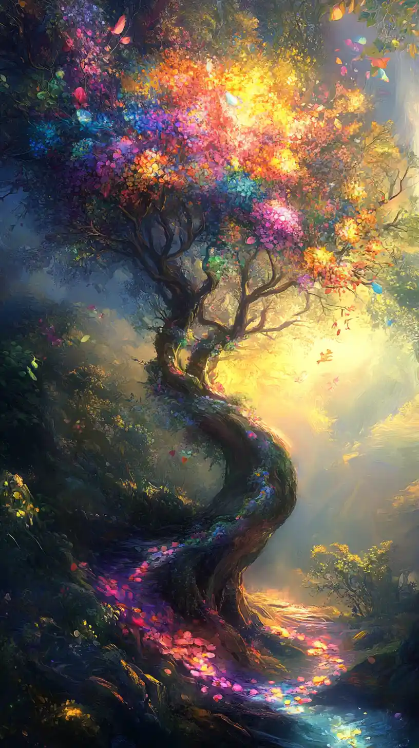 Withered tree bursting into colorful bloom in sunlight mist