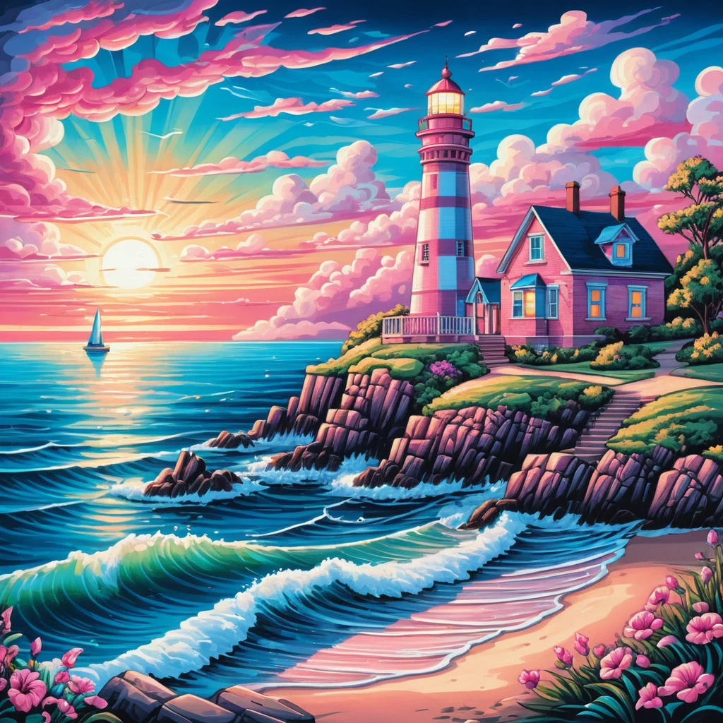 Close up lighthouse against a vibrant summer seascape