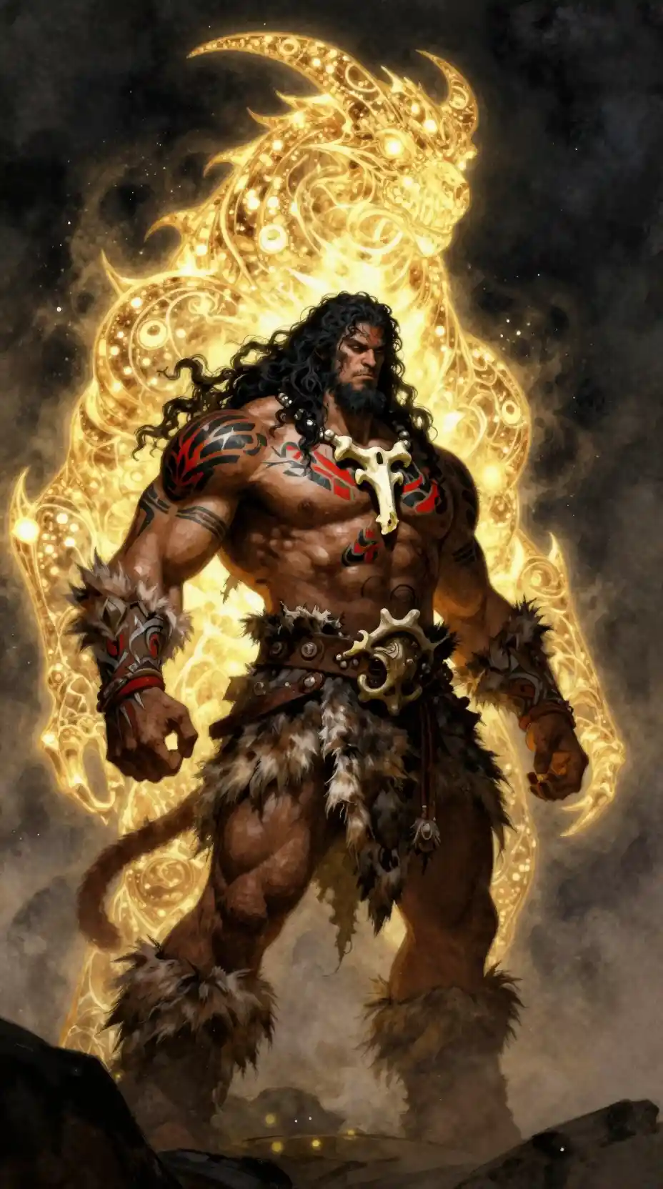 Muscular barbarian demigod before a glowing chimera spirit