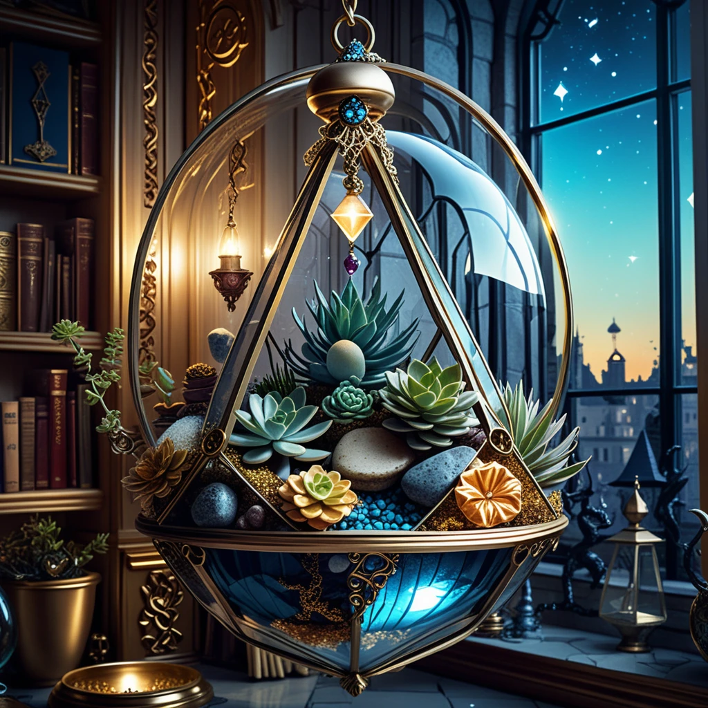 Mystical hanging glass terrarium with succulents and gems