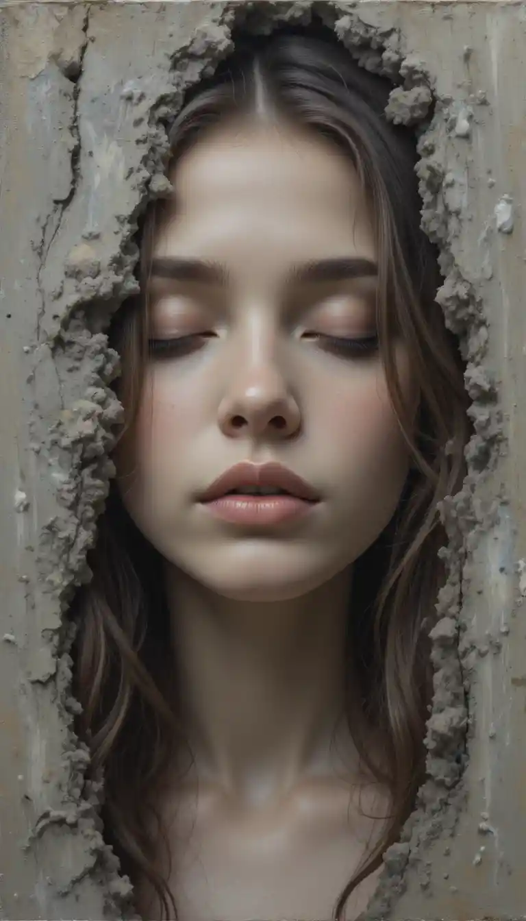 Muted oil painting of a serene girl with obscured face