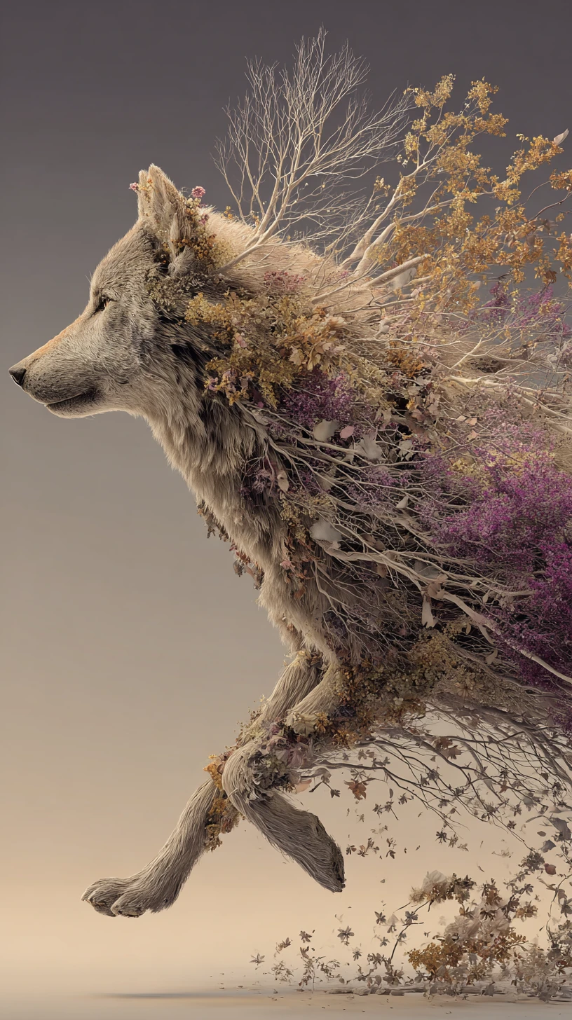 Surreal Wolf Of Dried Flowers In An Autumn Dreamscape