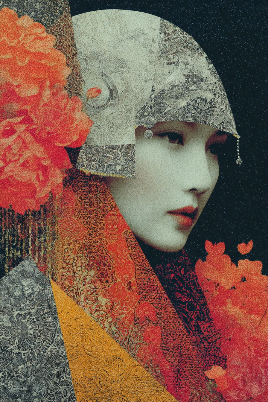 Surreal collage portrait of the most beautiful mysterious woman