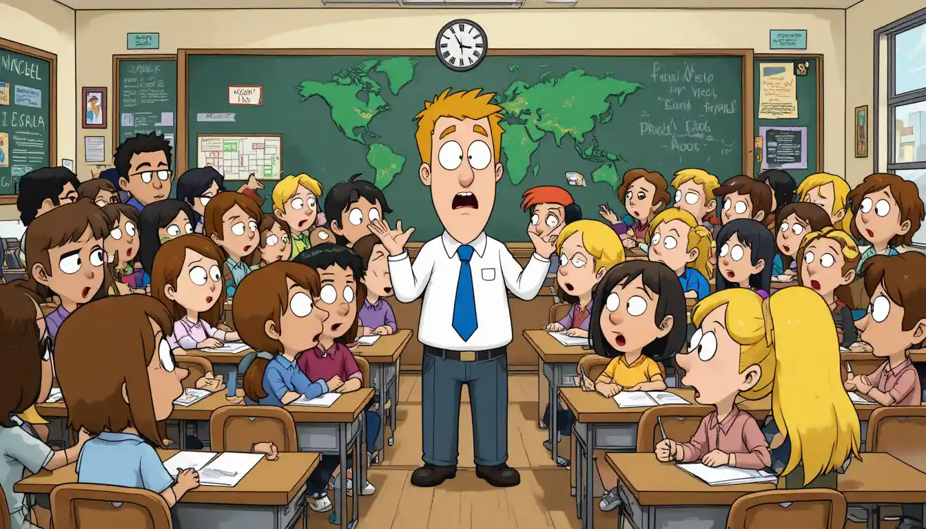 Cartoon school classroom with surprised students and teacher