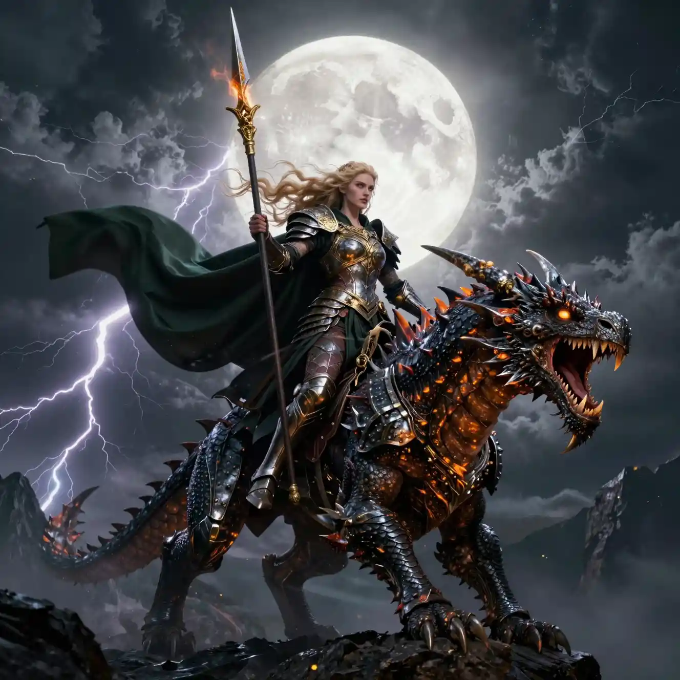 Warrior queen riding an armored dragon under stormy moonlight