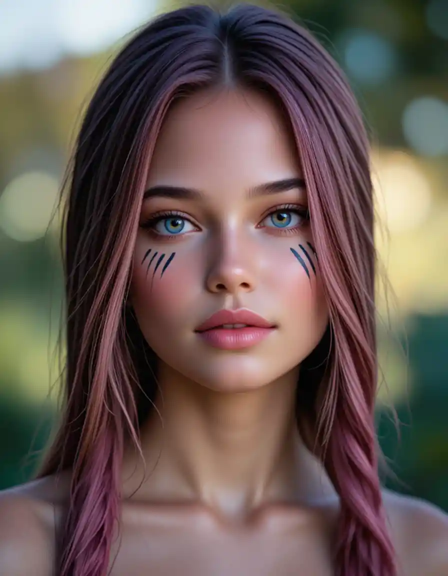 Pink haired woman with zebra face paint and calm gaze