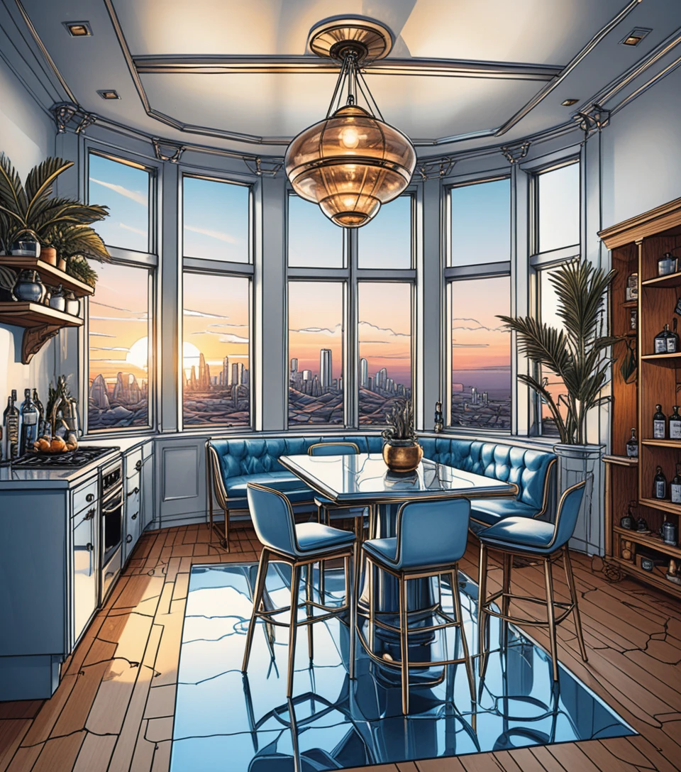 Isometric miniature dining interior with loft bedroom