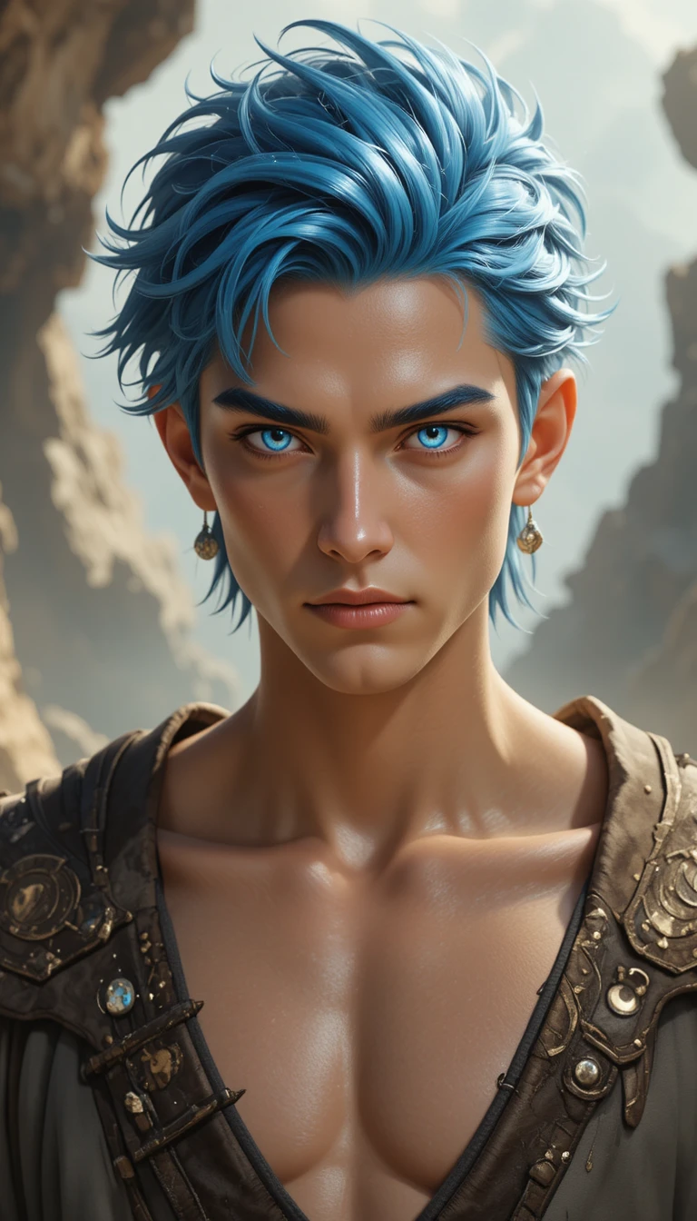 Blue eyed fantasy man with short tousled brown hair