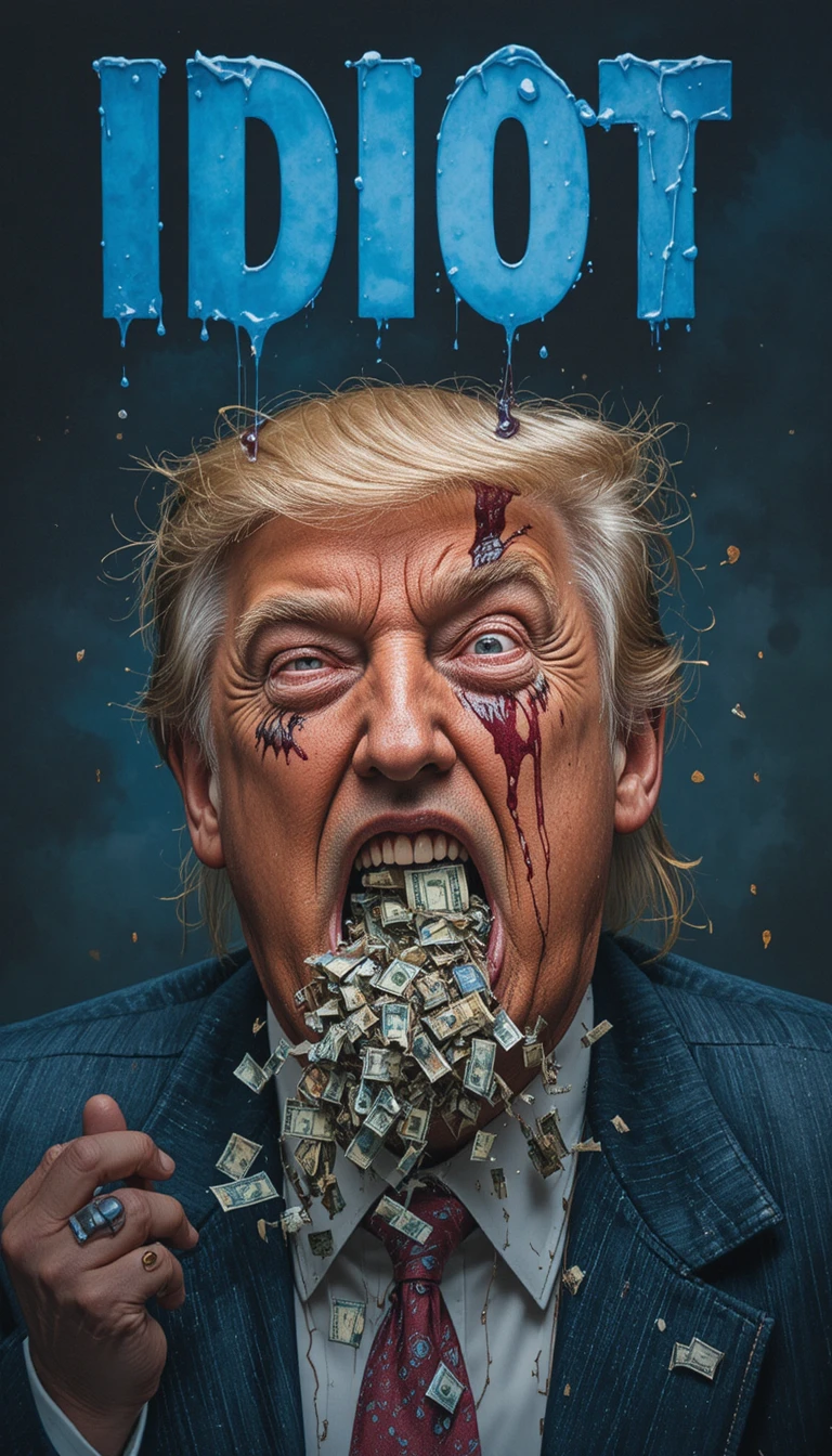 Grotesque close up of a man with money and victims