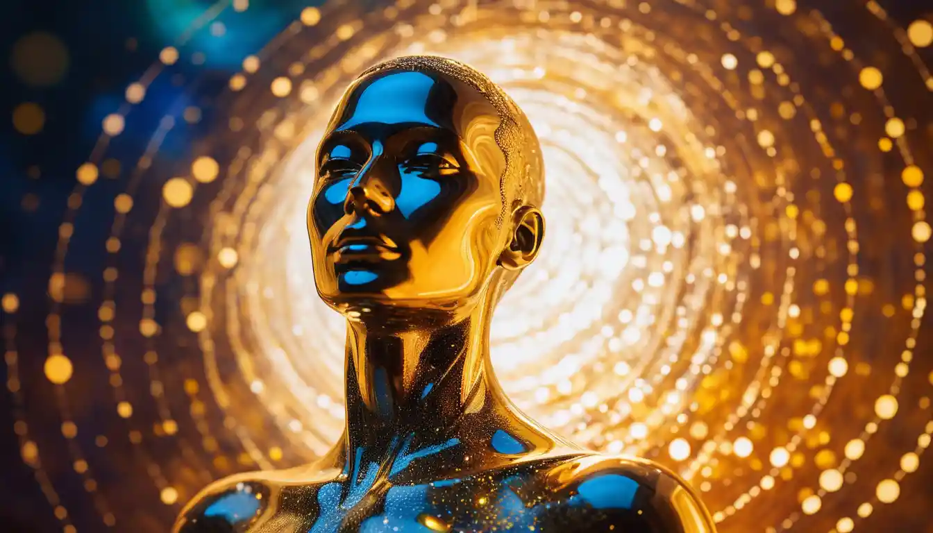Human figure of vibrating atoms in warm abstract light
