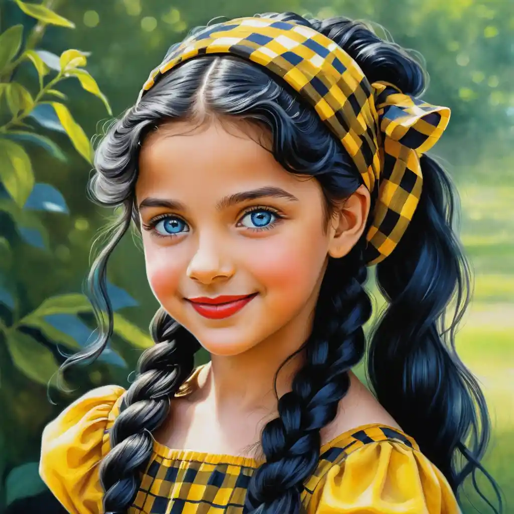 Smiling girl with braid in yellow checkered headscarf portrait