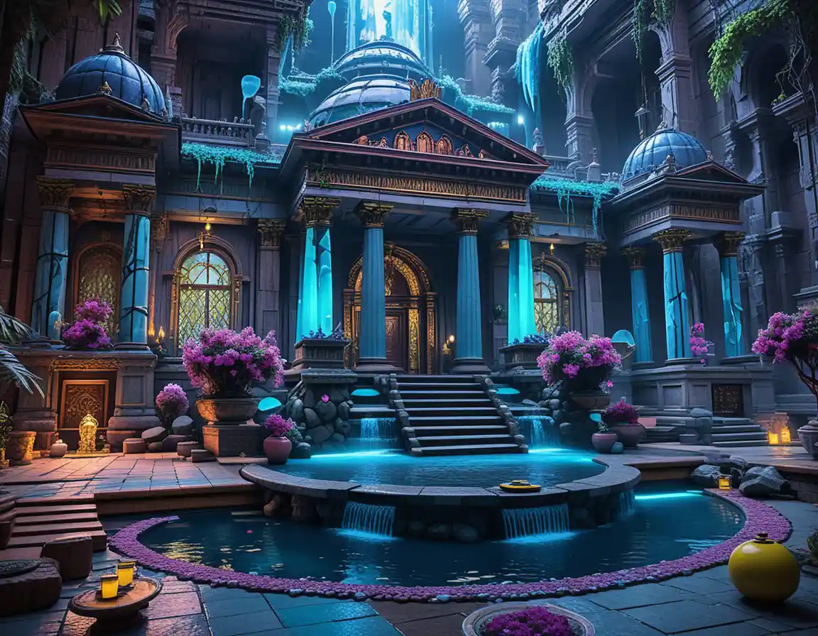 Diorama di tempio su isola fluttuante con rilievo di dea al neon