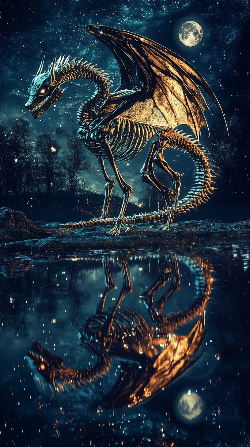 Skeletal dragon gazing over a moonlit reflective lake