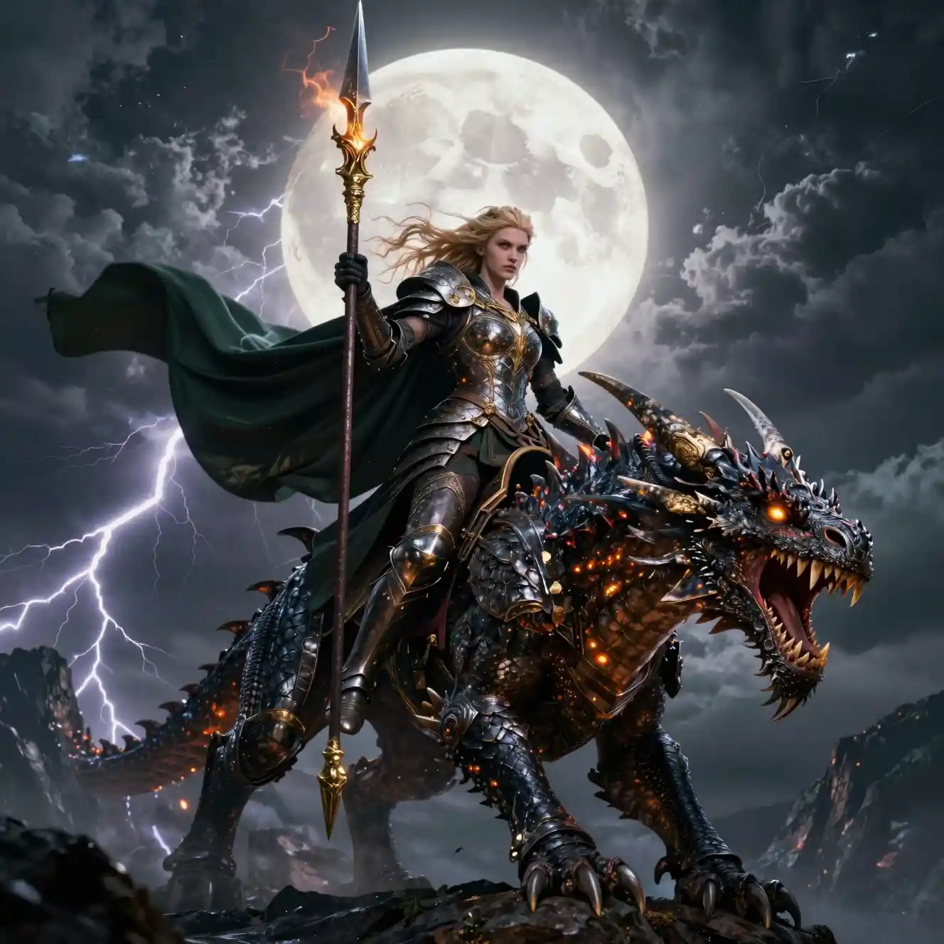 Warrior queen riding an armored dragon under stormy moonlight