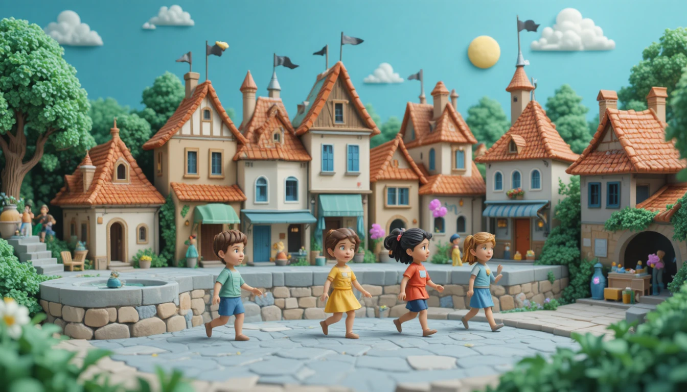 Childlike clay style illustration of people walking in a village