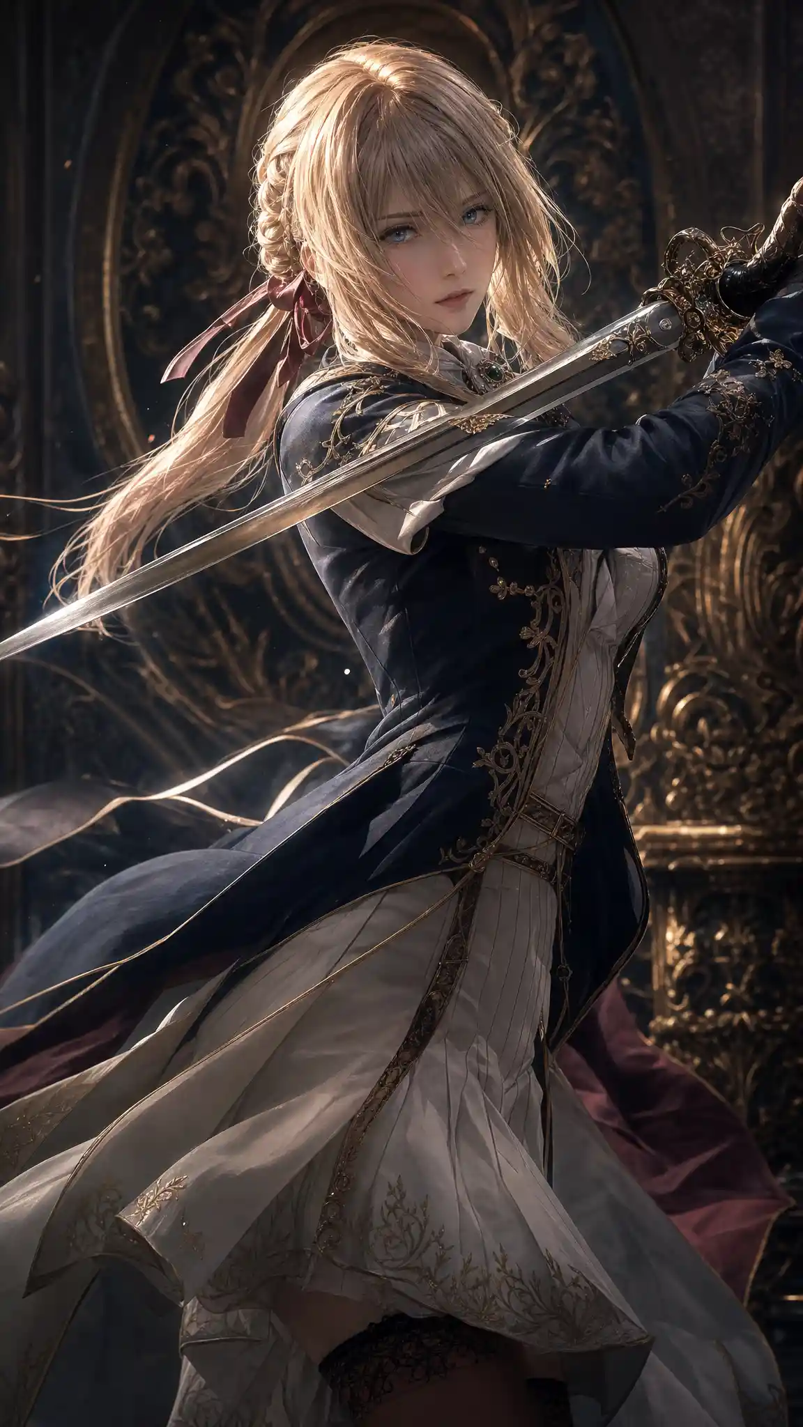 Elegant warrior woman poised with sword in baroque style