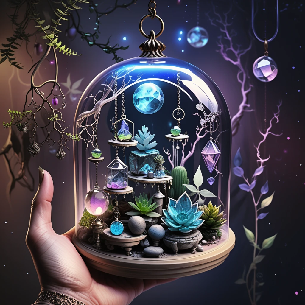 Hanging glass terrariums with gemstones and succulents