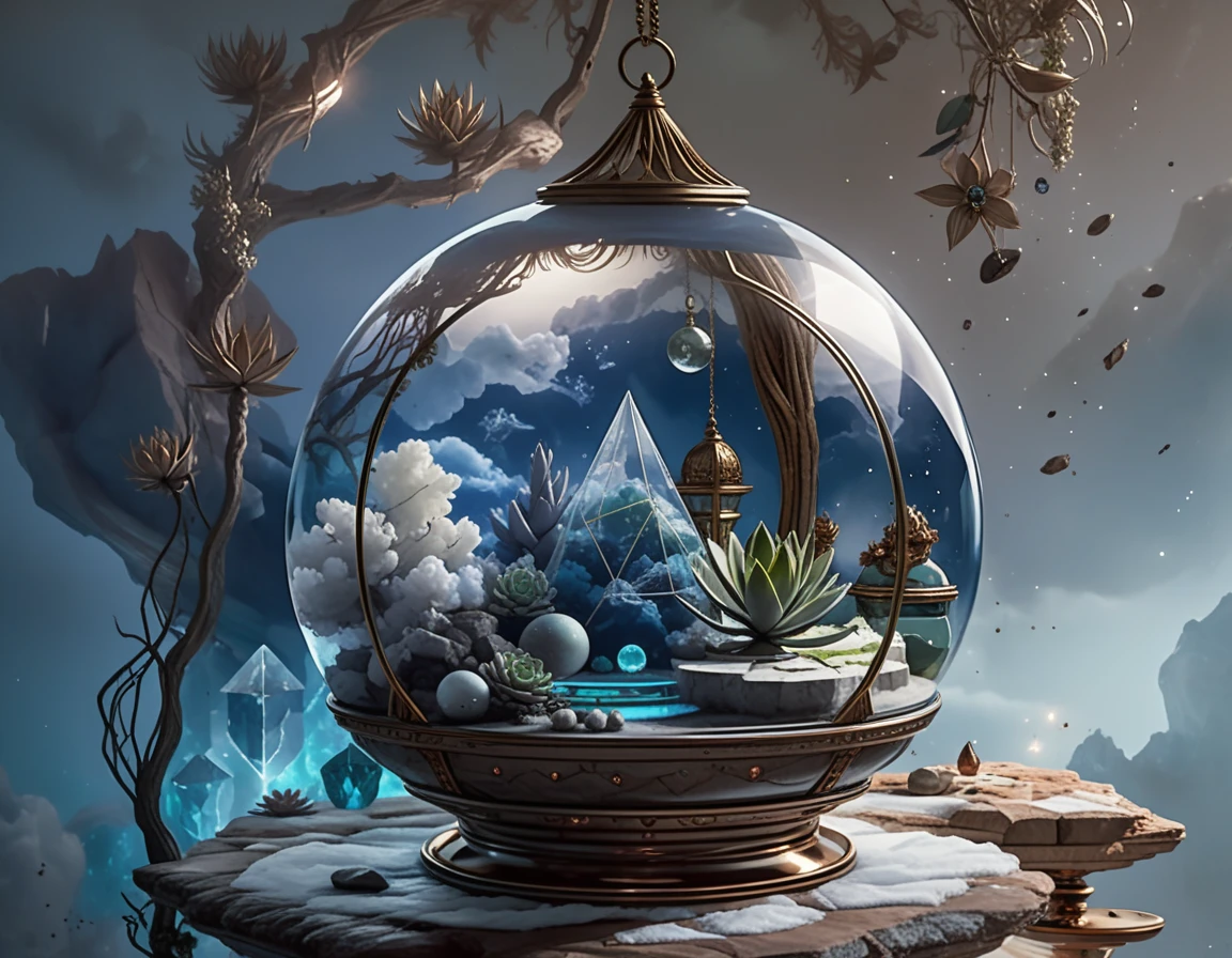 Mystical glass terrarium of succulents and occult gemstones