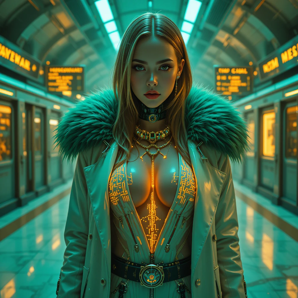 Cybernetic femme fatale in a neon lit frozen train terminal