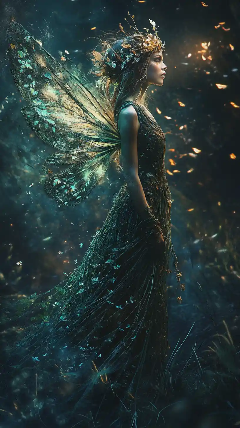 Mystical fairy woman emerging from inky nocturnal darkness