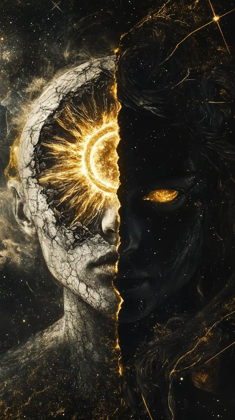 Dark celestial sun and moon fusion portrait in space