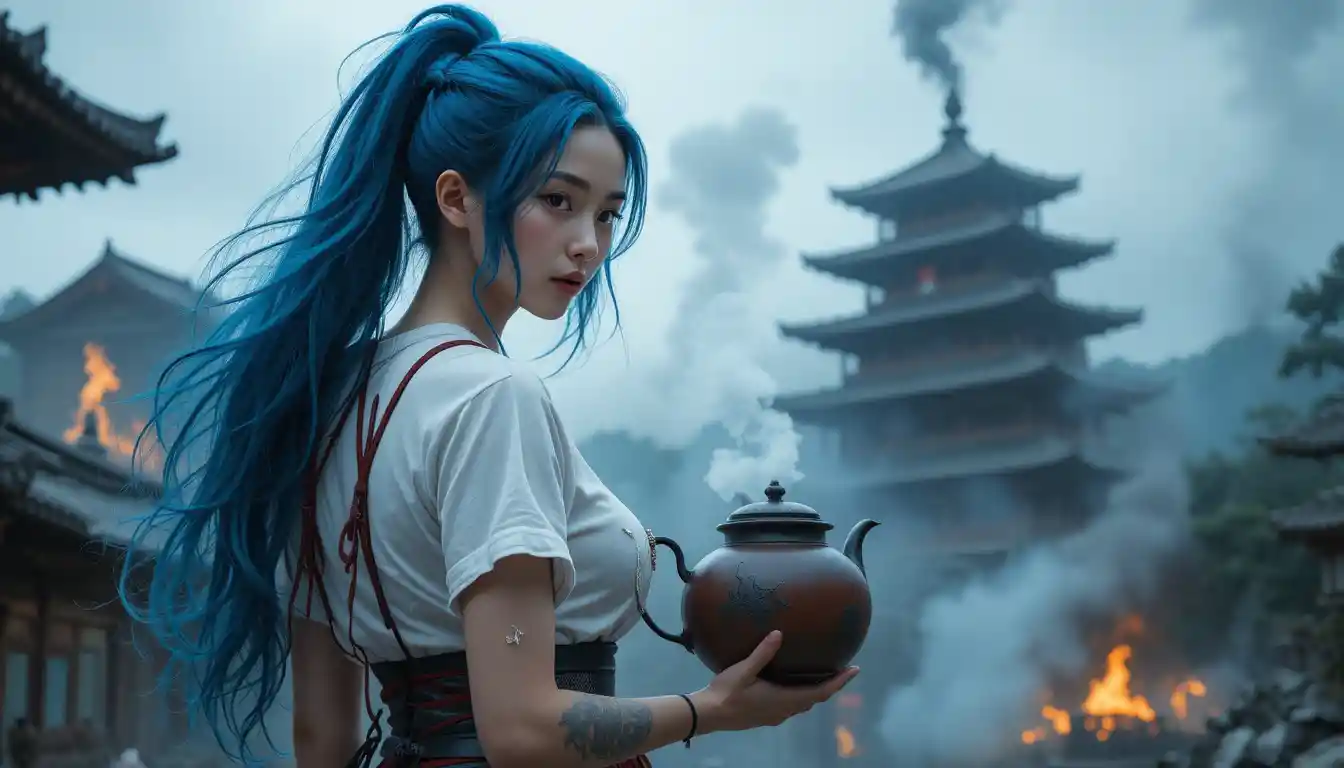 Blue haired anime woman bound to a post with dragons