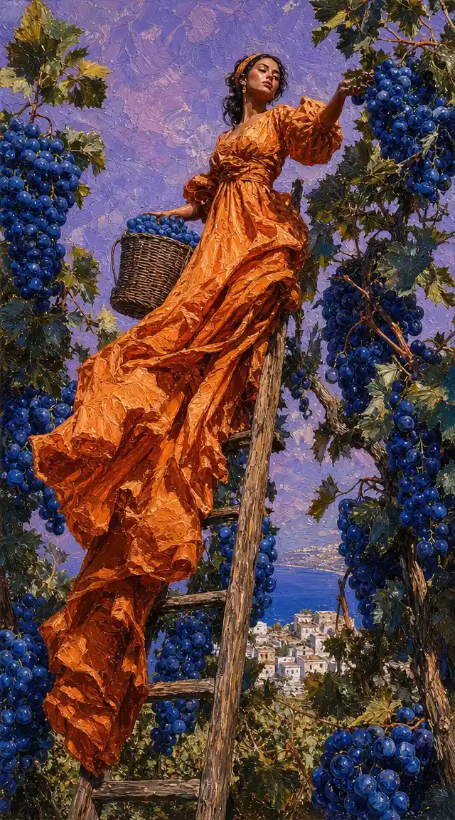 Fashion woman on ladder in a surreal blue grape vineyard
