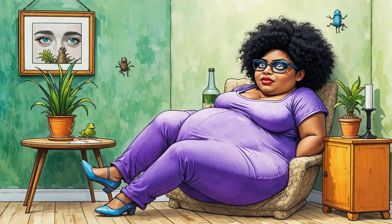 Obese woman with water bottle in cluttered comic style room