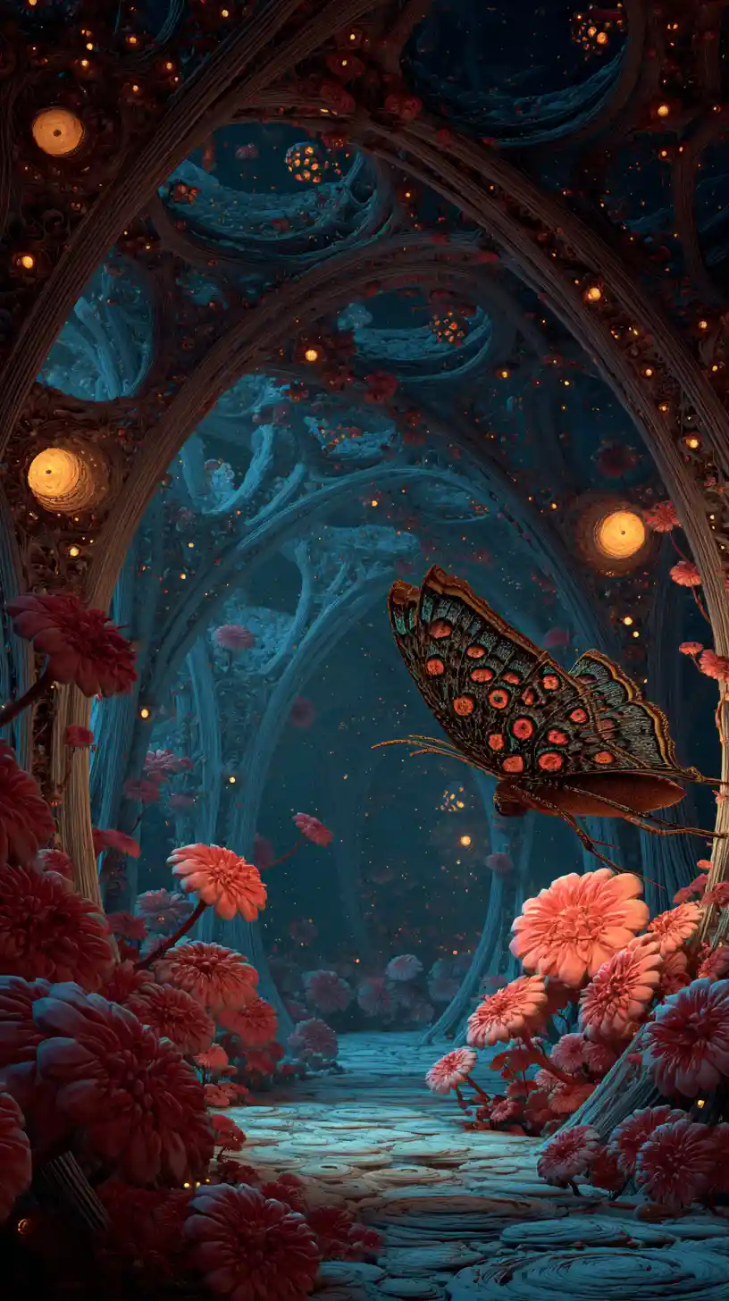 Surreal giant moth in a twilight corridor of arches