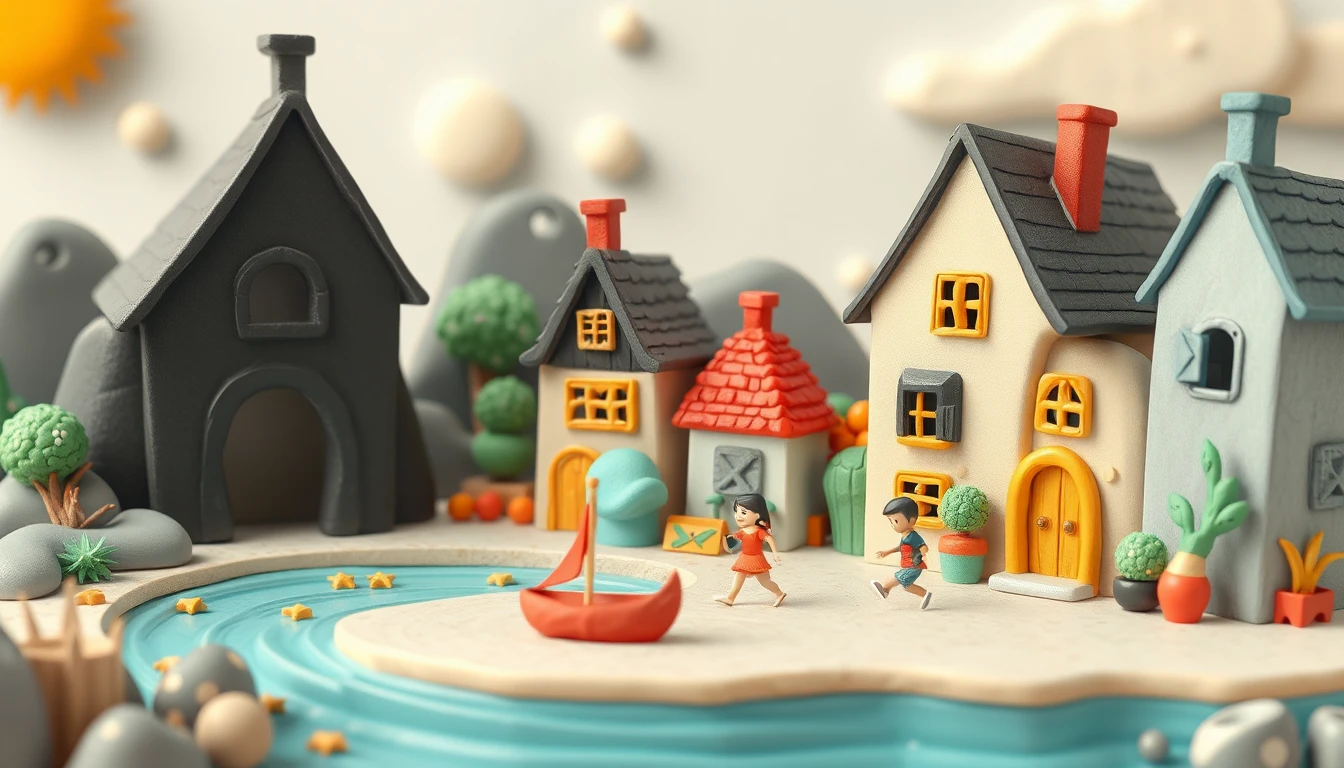 Childlike clay style illustration of an old village scene