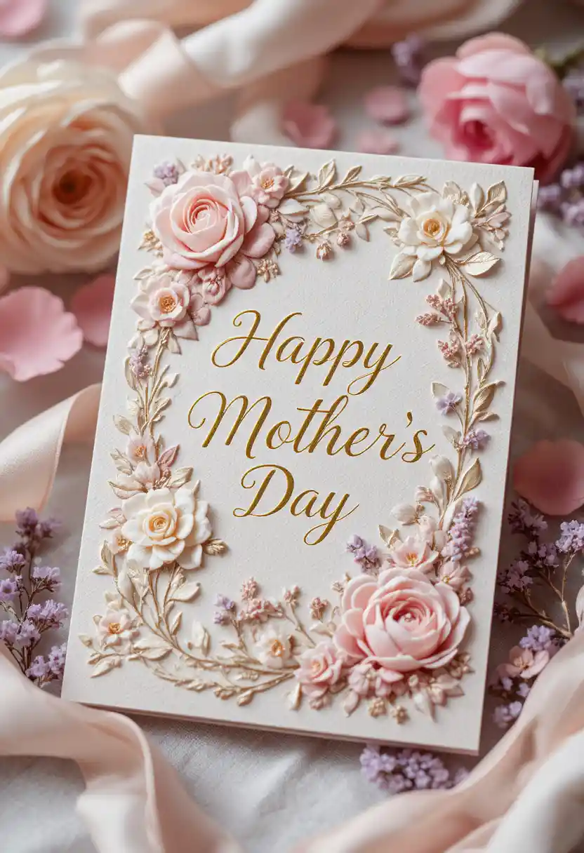 Elegant mothers day card with floral embossing on linen