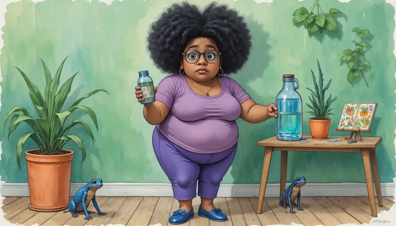 Cartoon woman with water bottle in messy art studio