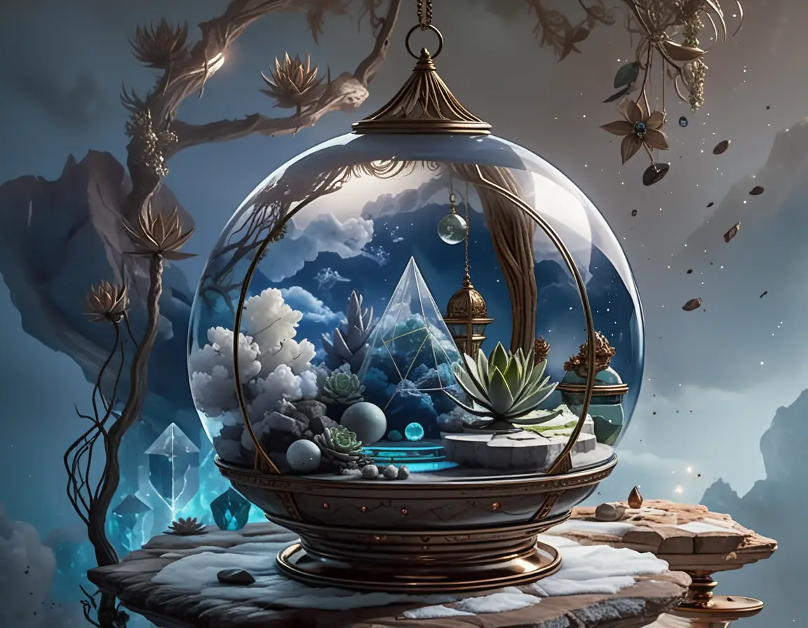 Mystisches Glas-Terrarium mit Sukkulenten und okkulten Edelsteinen