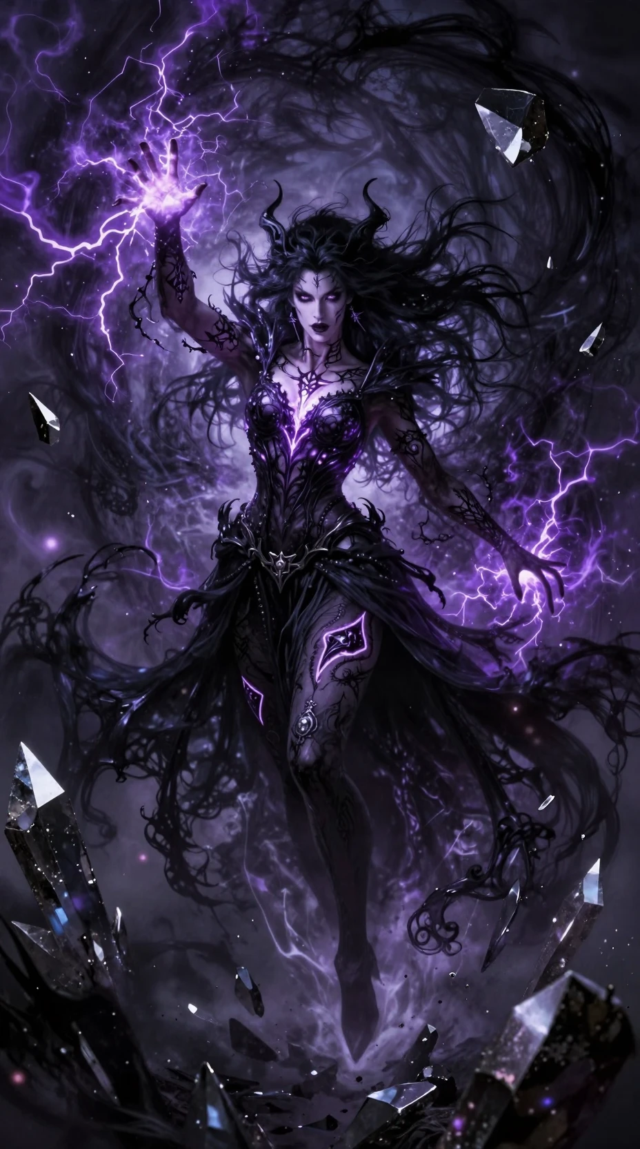 Dark sorceress commanding a storm of shadow and crystal