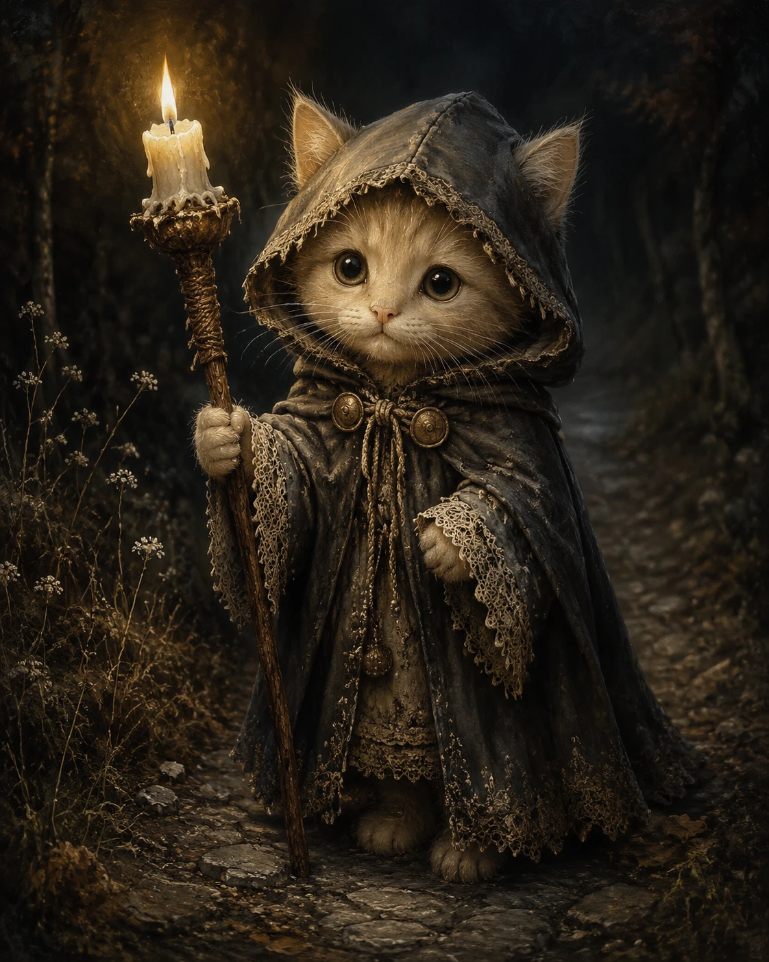 Cloaked kitten mage with candlelit staff on forest path