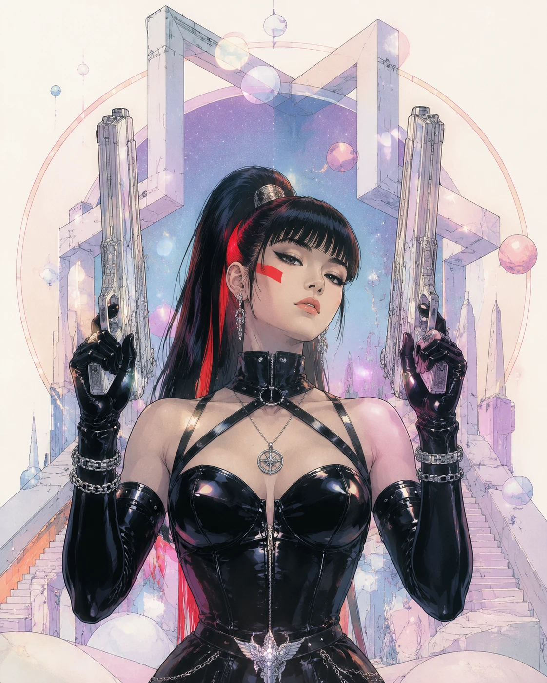 Cyberpunk heroine with twin pistols in surreal line art