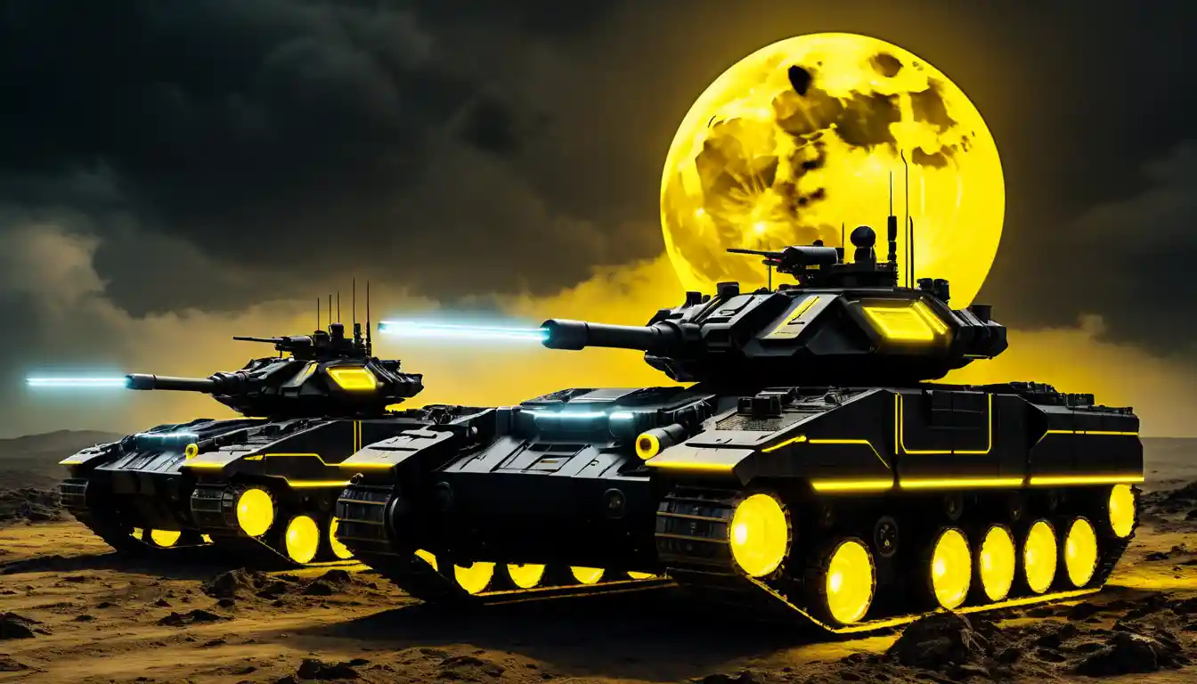 Futuristic robotic tanks lined up on a neon lit moon