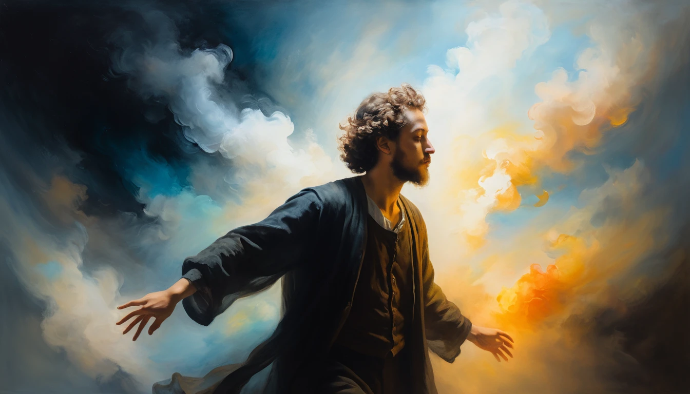 Oil painting of a human figure dissolving into surrounding air