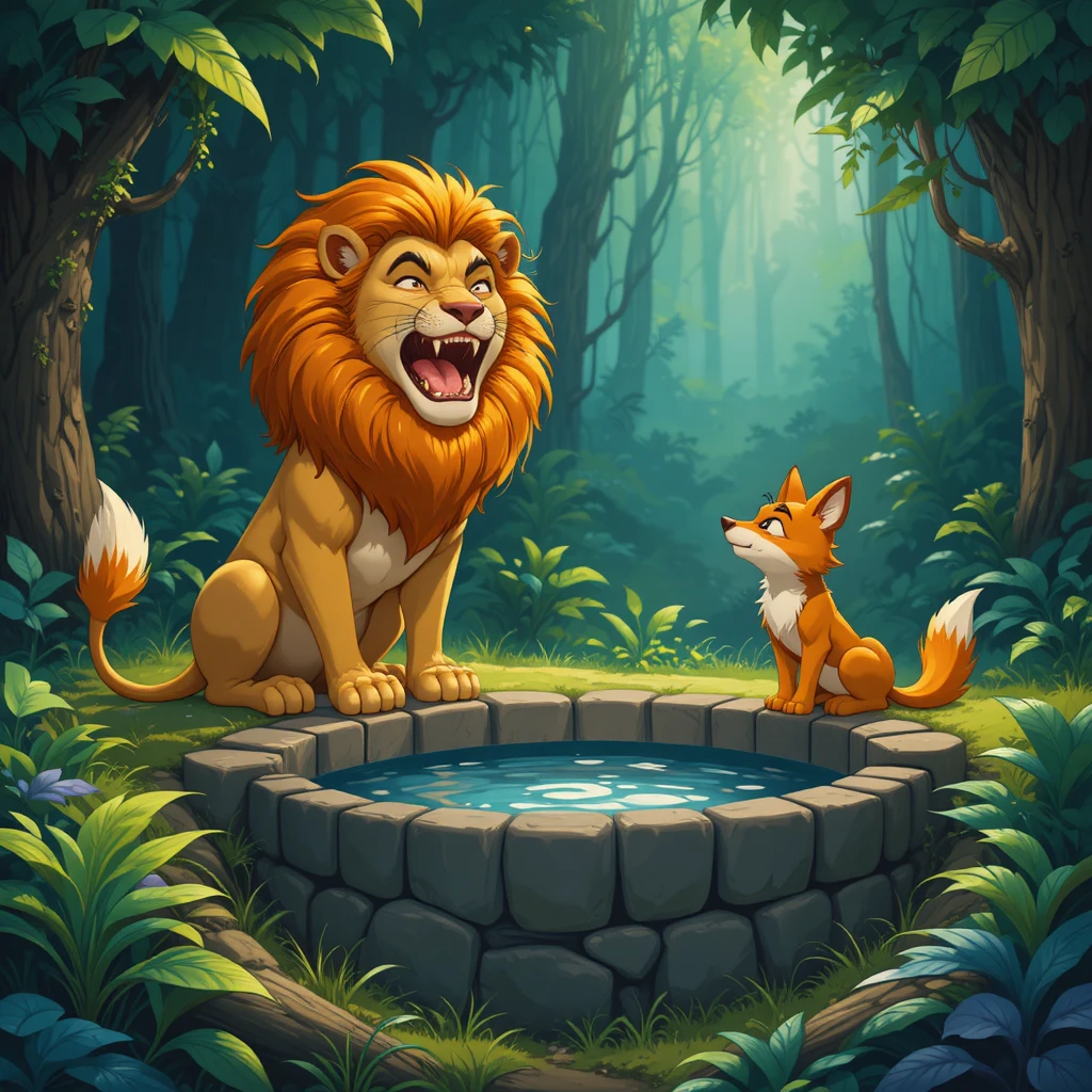 Hungry lion peers into a deep jungle well