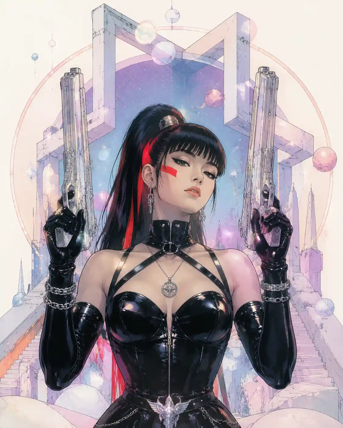 Cyberpunk heroine with twin pistols in surreal line art