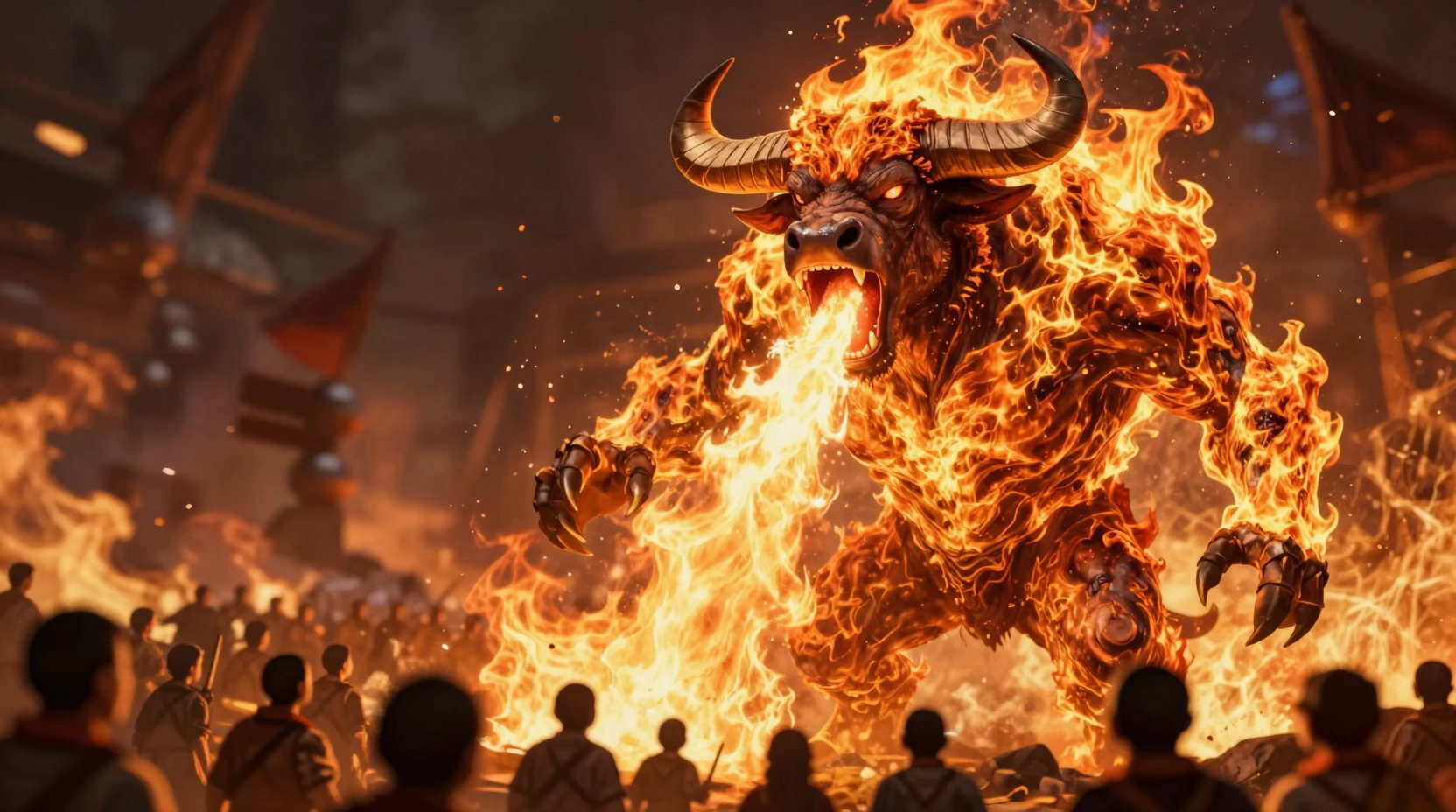 Giant Horned Fire Monster Attacking A Scattered Human Army
