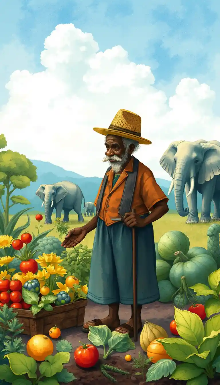 Old man gardening in a cozy watercolor African savanna