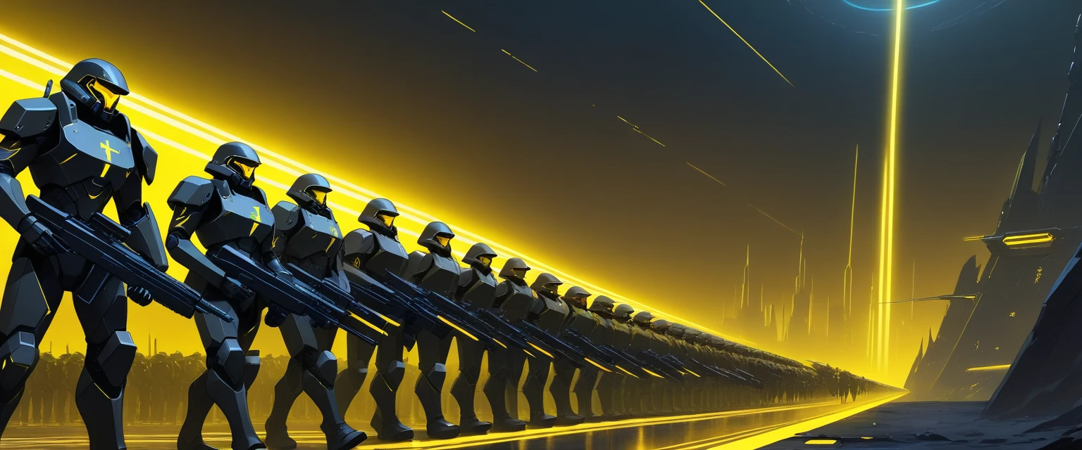 Massive sci fi army of soldiers marching at night
