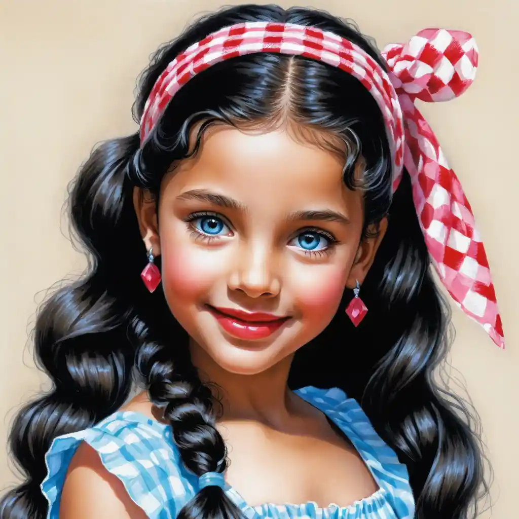 Smiling girl with fishtail braid in pink checkered headscarf