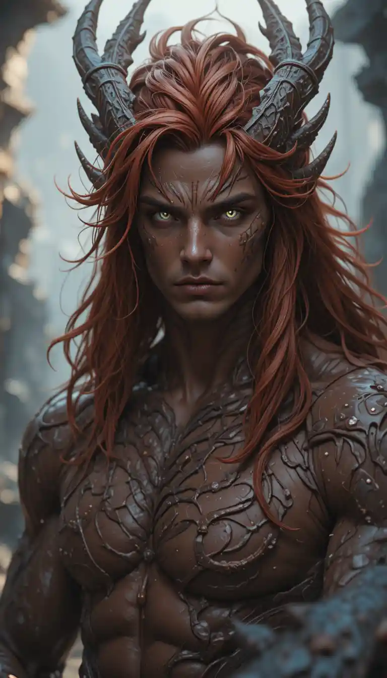 Brown skinned dragon man with amber eyes and dark red hair